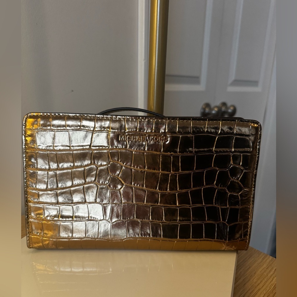 Michael Kors Shiny Gold Croc-Embossed Clutch